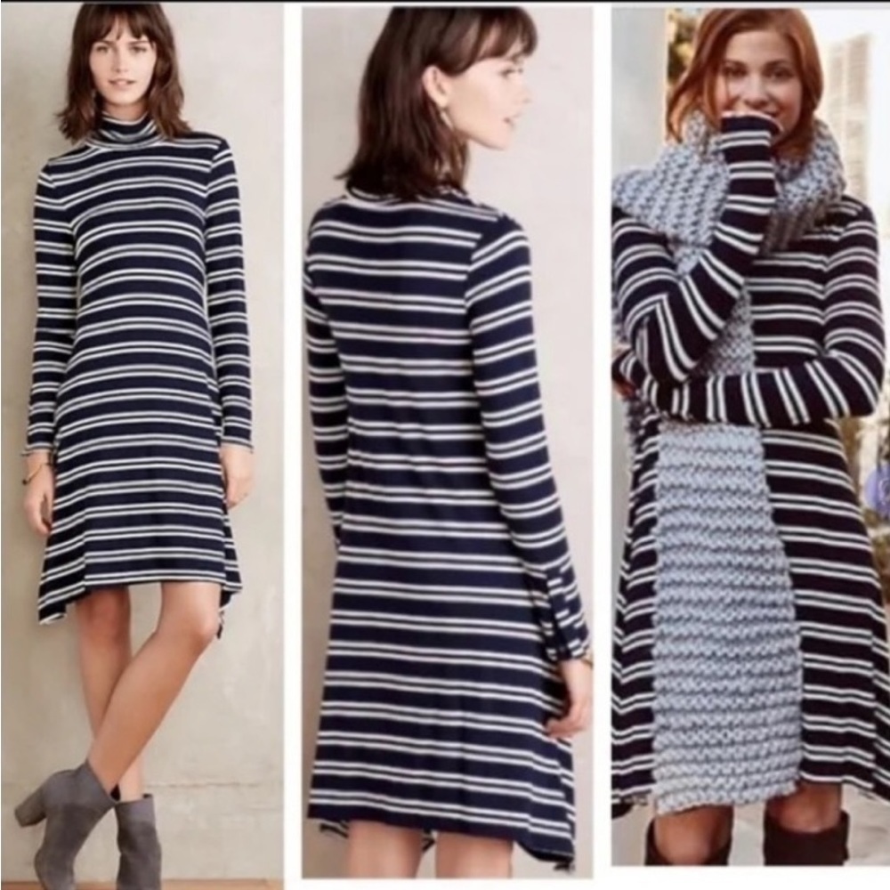 Anthropologie Maeve blue & white striped turtleneck dress size Small . - Picture 2 of 13